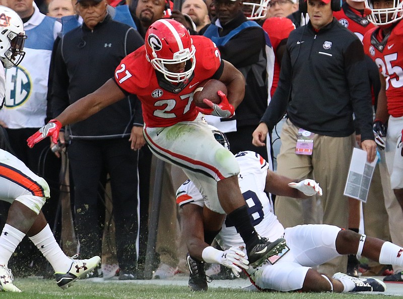 Georgia tailback Nick Chubb rushed for 101 yards in last November's upset of Auburn, one of four 100-yard games he produced during the regular season.