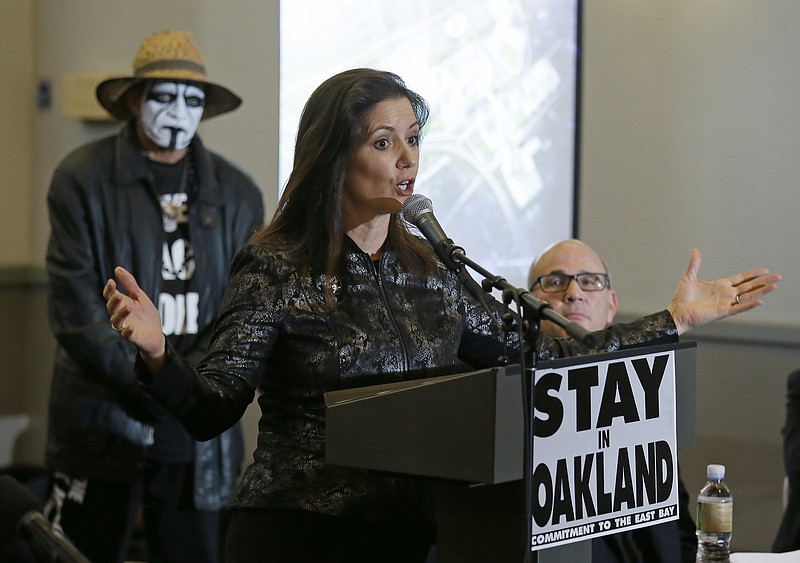 
              Oakland Mayor Libby Schaaf gestures while speaking during a rally to keep the Oakland Raiders from moving Saturday, March 25, 2017, in Oakland, Calif. NFL owners are expected to vote on the team's possible relocation to Las Vegas on Monday or Tuesday at their meeting in Phoenix. (AP Photo/Eric Risberg)
            