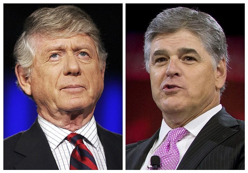 
              FILE - In this combination photo, Ted Koppel, left, prepares for the taping of his last broadcast of "Nightline," on Nov. 22, 2005 in Washington and Sean Hannity of Fox News, speaks during the Conservative Political Action Conference (CPAC), on March 4, 2016, in National Harbor, Md. Hannity is calling on CBS News to release the full tape of his interview with Ted Koppel for "Sunday Morning," in which the veteran "Nightline" anchor answered "yes" when Hannity asked if Koppel thought he was bad for America. Hannity was interviewed for the Sunday show's cover story about partisan media, and sensed some unease by Koppel when he discussed his role as an opinion host. Hannity is a fervent supporter of President Donald Trump and has attacked his opponents and traditional media outlets for how they report on the president. (AP Photo/Haraz N. Ghanbari, left, Carolyn Kaster, Files)
            