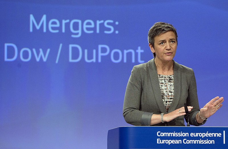 
              European Commissioner for Competition Margrethe Vestager speaks during a media conference at EU headquarters in Brussels on Monday, March 27, 2017. The European Union has approved the proposed merger of Dow Chemical and Du Pont, saying that the companies' commitments to divest businesses have addressed its concerns. (AP Photo/Virginia Mayo)
            