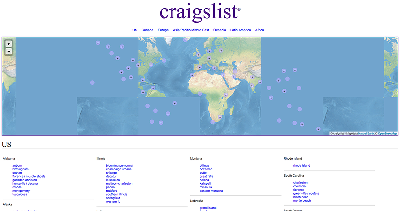 A screenshot of the Craigslist homepage taken on March 27, 2017.