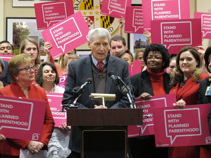 
              FILE - In this Wednesday, March 8, 2017, file photo, Maryland House Speaker Michael Busch speaks at a news conference in Annapolis, Md., in support of legislation to continue funding for services provided by Planned Parenthood. Democratic lawmakers in some states including Maryland are pressing ahead with efforts to protect birth control access, Planned Parenthood funding and abortion coverage in case they are jeopardized in the future.  (AP Photo/Brian Witte, File)
            