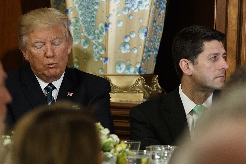
              FILE - In this March 16, 2017 file photo, President Donald Trump sits with House Speaker Paul Ryan of Wis. on Capitol Hill in Washington. Congressional Republicans on Monday, March 27, 2017, pointed fingers and assigned blame after their epic failure on health care and a weekend digesting the outcome.  (AP Photo/Evan Vucci, File)
            