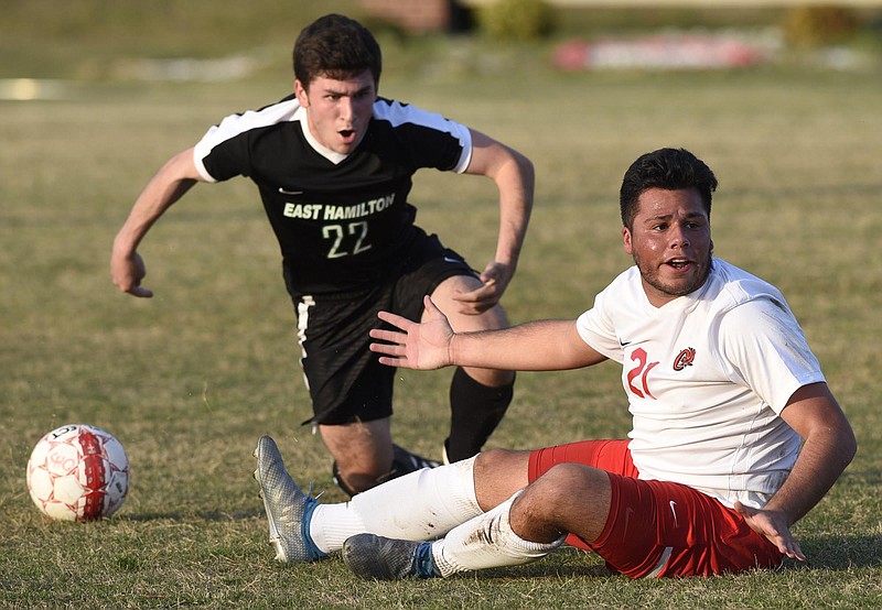 East Hamilton's Alex Segar (22) and Ooltewah's Francis Revollo (21) look for the officials call after they collided.  The East Hamilton Hurricanes visited the Ooltewah Owls in boys TSSAA soccer action on March 29, 2017.