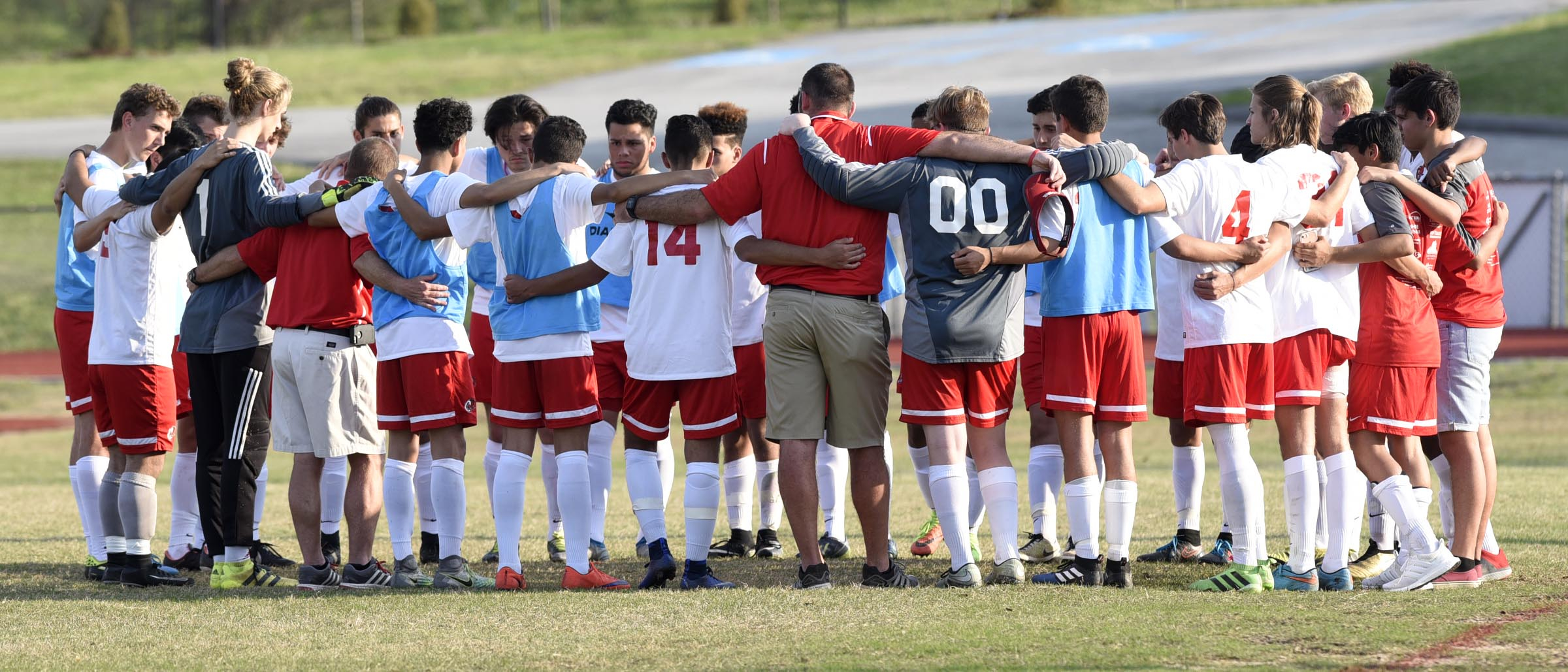 The Ooltewah Owls form a circle as they get ready for the game. The East Hamilton Hurricanes visited the Ooltewah Owls in boys TSSAA soccer action on March 29, 2017.