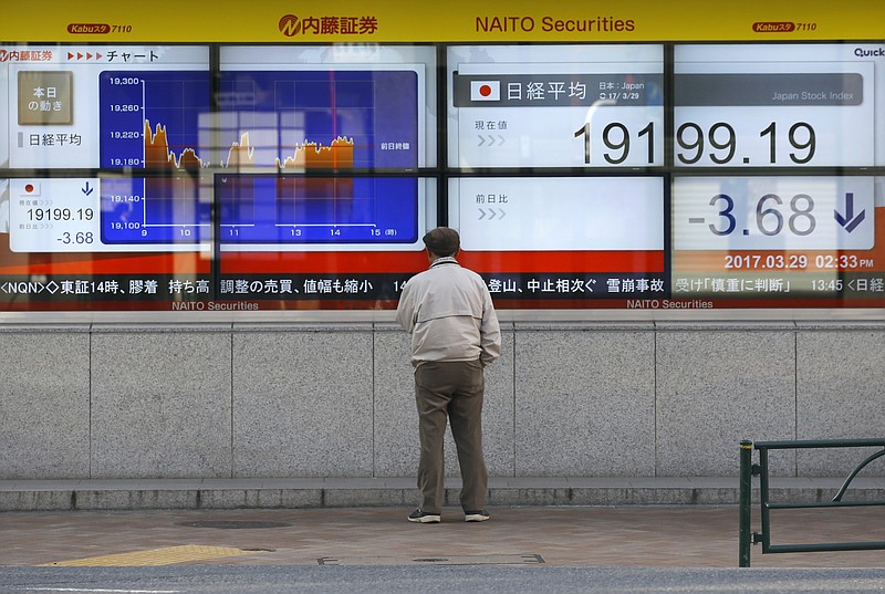 
              A man looks at an electronic stock indicator of a securities firm in Tokyo, Wednesday, March 29, 2017. Asian stocks were listless Wednesday as investors weighed strong U.S. economic reports against uncertainty as Britain readies a formal request to leave the European Union. (AP Photo/Shizuo Kambayashi)
            