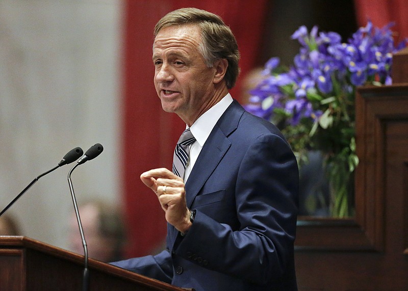 FILE - In this Monday, Jan. 30, 2017, file photo, Gov. Bill Haslam gives his annual State of the State address to a joint convention of the Tennessee General, Assembly in Nashville, Tenn. (AP Photo/Mark Humphrey, File)
            