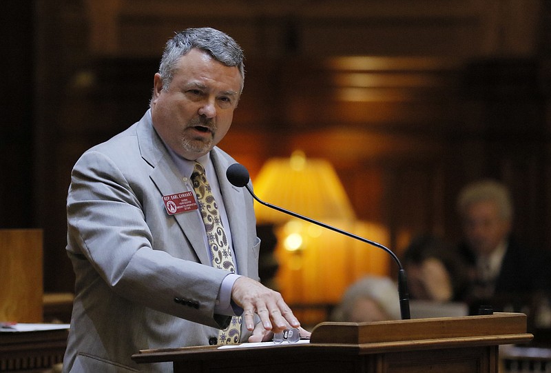 Rep. Earl Ehrhart presents SB 71 Tuesday, March 28, 2017, in Atlanta. House leaders are trying to force a vote on a bill overhauling colleges' disciplinary processes in reports of sexual assault but opposed by advocates for victims of such crimes. A Senate committee halted the bill's progress last week, but the bill sponsor, Ehrhart, is using a legislative maneuver to bring it for a House vote and send it straight to the full Senate. (Bob Andres/Atlanta Journal-Constitution via AP)