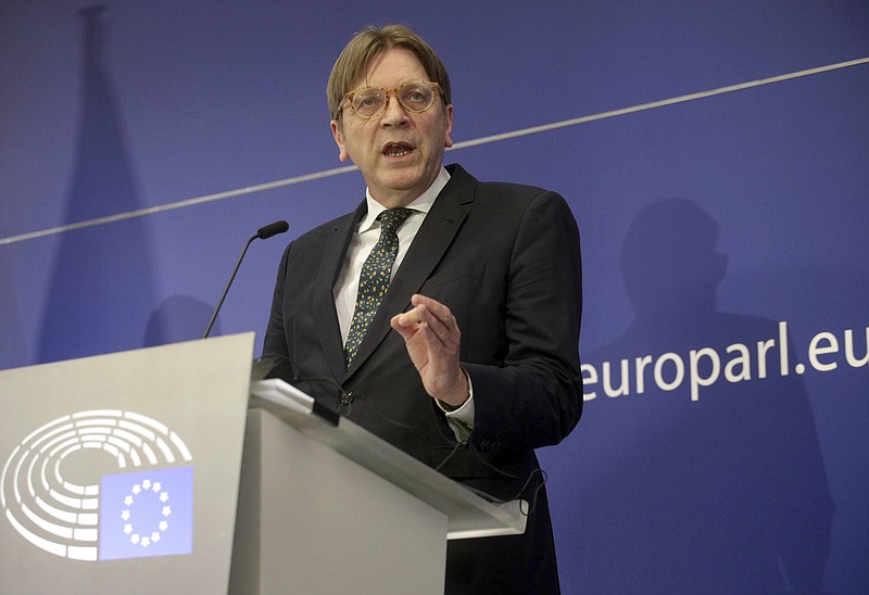 
              Leader of the ALDE Guy Verhofstadt speaks during a media conference at the European Parliament in Brussels on Wednesday, March 29, 2017. EU Council President Donald Tusk on Wednesday received a letter from British Prime Minister Theresa May, invoking Article 50 of the bloc's key treaty, the formal start of exit negotiations. (AP Photo/Olivier Matthys)
            