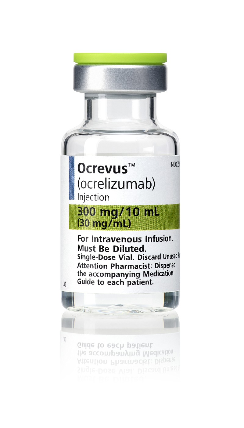 
              This photo provided by Genentech shows the company's drug Ocrevus. Late Tuesday, March 28, 2017, the Food and Drug Administration approved Ocrevus, the first drug for an aggressive kind of multiple sclerosis that steadily reduces coordination and the ability to walk. While there are more than a dozen treatments for the most common form of MS, there's been nothing specifically for people with the type called primary progressive MS. That type of MS is relatively rare, affecting about 50,000 Americans. Ocrevus was also approved for relapsing forms of MS, which progress more slowly.
(Genentech via AP)
            