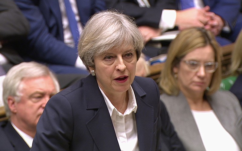 
              Britain's Prime Minister Theresa May speaks in the House of Commons in London  in this image taken from video  Wednesday March 29, 2017. May will announce to Parliament that Britain is set to formally file for divorce from the European Union Wednesday, ending a 44-year relationship, enacting the decision made by U.K. voters in a referendum nine months ago and launching both Britain and the bloc into uncharted territory.  (Parliamentary Recording Unit  via AP)
            