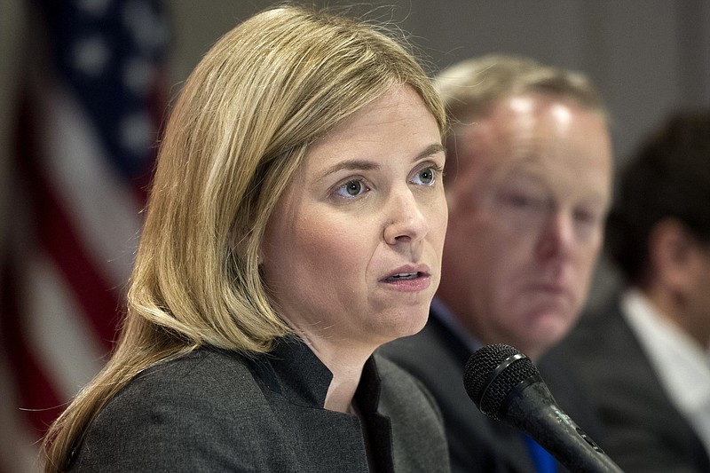 
              FILE - In this Nov. 14, 2016 file photo, Katie Walsh appears at a post-election press briefing to discuss the RNC's role in the election, at the Capitol Hill Club in Washington. Walsh, a top aide to President Donald Trump is exiting the administration. Two senior White House officials said Thursday, March 30, 2017, that Deputy Chief of Staff Katie Walsh was leaving for a private sector role.  (AP Photo/Cliff Owen, File)
            
