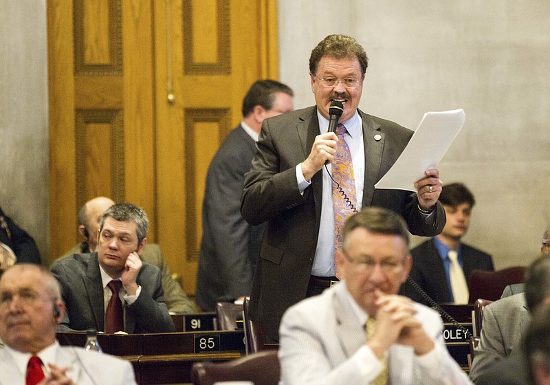 
              Rep. Jerry Sexton, R-Bean Station, speaks on the House floor in Nashville, Tenn., on Thursday, March 30, 2017. Tempers flared among Republicans during the floor session about disagreements over Gov. Bill Haslam's road funding proposal. (AP Photo/Erik Schelzig)
            