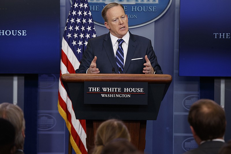 
              White House press secretary Sean Spicer speaks during the daily press briefing at the White House, Friday, March 31, 2017, in Washington. Spicer discussed the U.S., China relationship and other topics. (AP Photo/Evan Vucci)
            