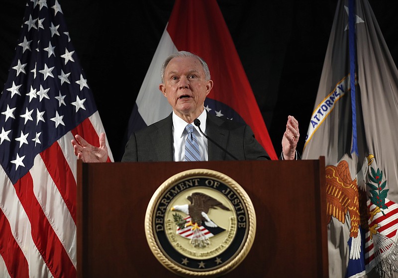 
              U.S. Attorney General Jeff Sessions speaks about crime to local, state and federal law enforcement officials Friday, March 31, 2017, in St. Louis. (AP Photo/Jeff Roberson)
            