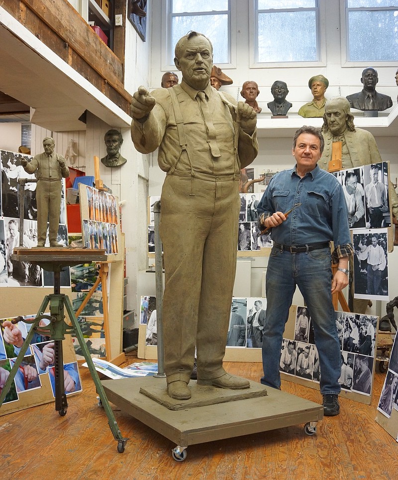 Philadelphia sculptor Zenos Frudakis in his workshop on Friday  stands beside his rendition of Clarence Darrow. The completed statue will be installed at the Rhea County Courthouse on July 13 and dedicated on July 14, the first day the Scopes Trial Play and Festival in Dayton, Tenn.
