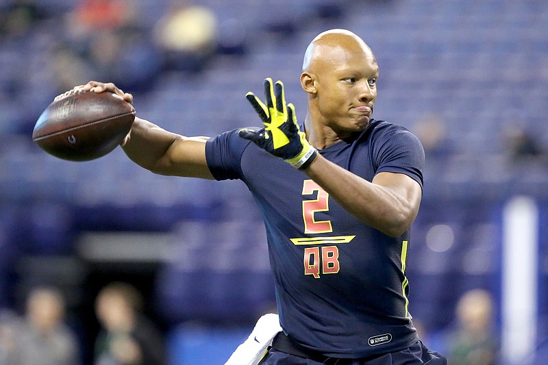 Tennessee quarterback Josh Dobbs is seen in a drill at the 2017 NFL football scouting combine Saturday, March 4, 2017, in Indianapolis. (AP Photo/Gregory Payan)