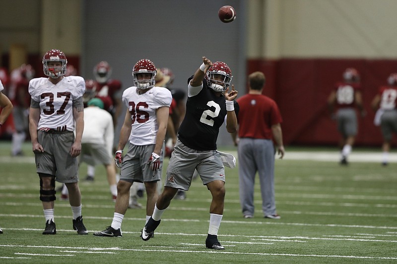 Alabama sophomore quarterback Jalen Hurts throws a pass during a recent indoor practice in Tuscaloosa.