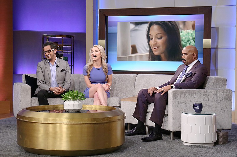 Producers booked Katheryn Golden, center, and another "First Dates" participant, Anip, left, for a taping of "The Steve Harvey Show" that will air today (3 p.m. on ABC). Golden says the comedian/talk-show host quizzed her and Anip about their dates and was "hilarious" in his advice.