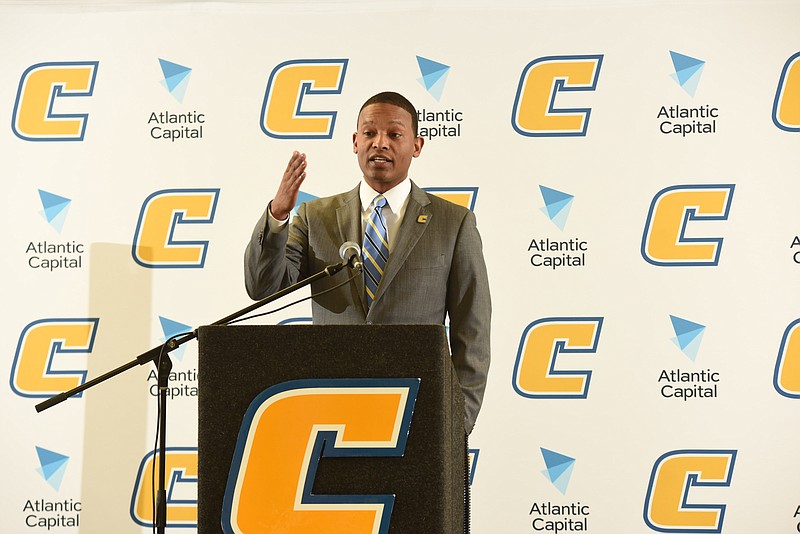 Mocs basketball coach Lamont Paris speaks to the media at the University of Tennessee at Chattanooga on Tuesday.