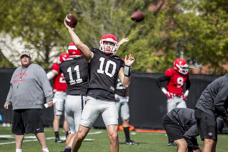 Georgia sophomore quarterback Jacob Eason throws a pass during Thursday's eighth spring practice in Athens.