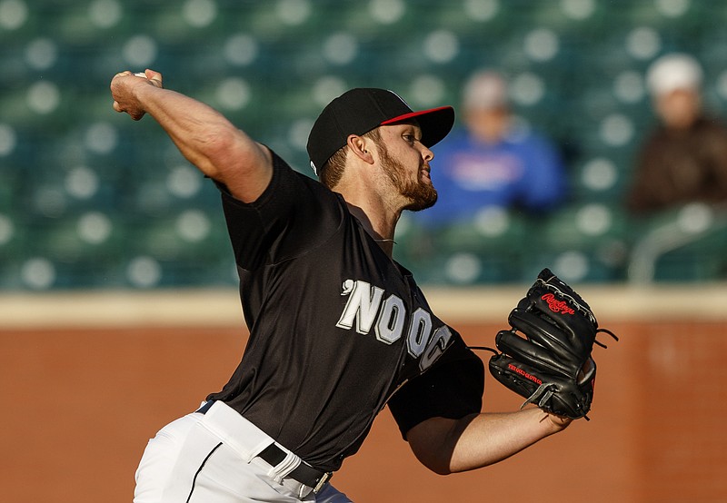 Lookouts player Kohl Stewart pitches during the Lookouts' season opener against the Mobile Bay Bears at AT&T Field on Thursday, April 6, 2017, in Chattanooga, Tenn