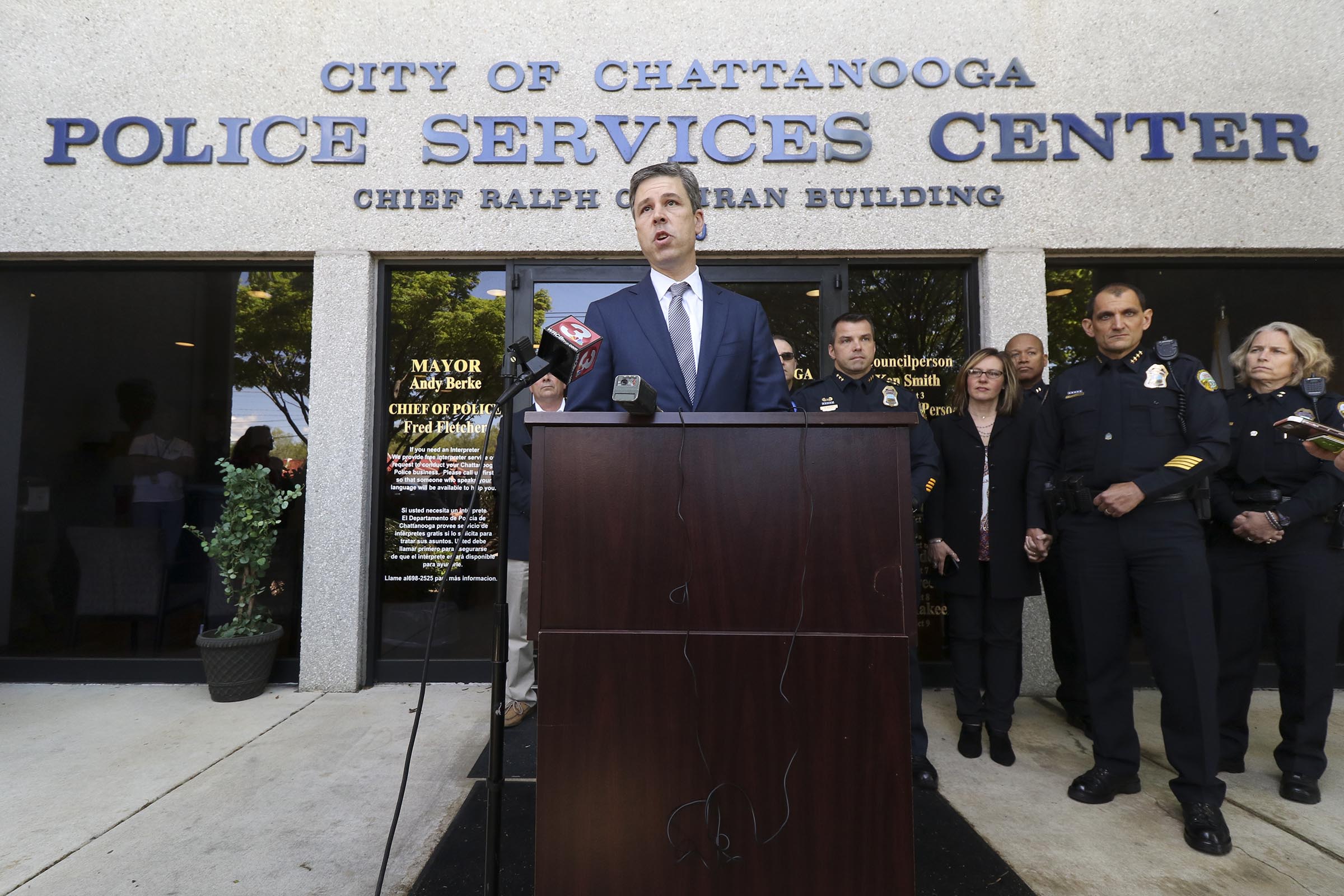 Staff Photo by Dan Henry / The Chattanooga Times Free Press- 4/7/17. Chattanooga Mayor Andy Berke says complimentary things about Chattanooga Police Department (CPD) Chief Fred Fletcher just after Fletcher announced that he will retire later this summer while at the Police Services Center on Friday, April 7, 2017.