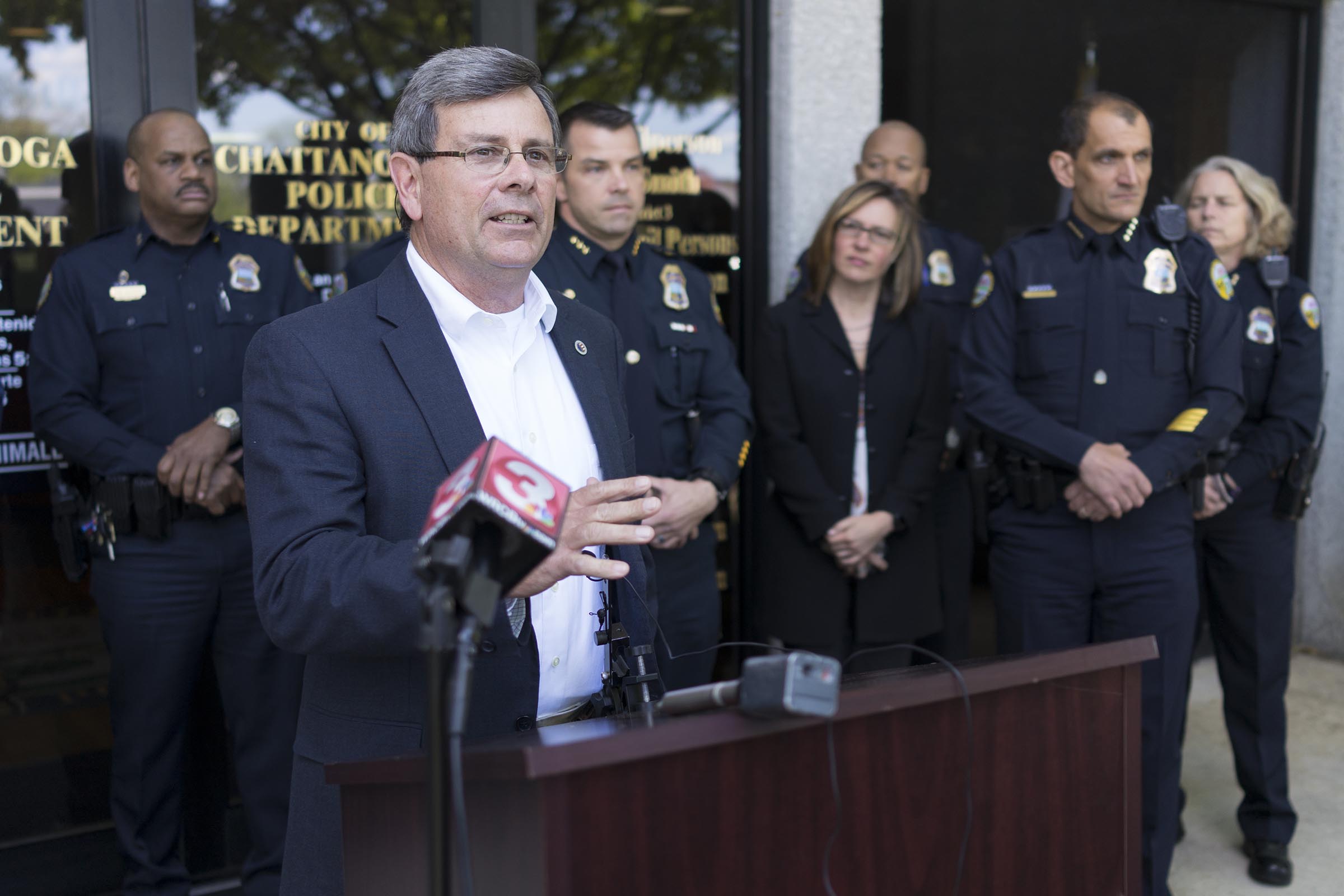 Staff Photo by Dan Henry / The Chattanooga Times Free Press- 4/7/17. Chip Henderson speaks highly about Chattanooga Police Department (CPD) Chief Fred Fletcher just after Fletcher announced that he will retire later this summer while at the Police Services Center on Friday, April 7, 2017.