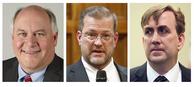 
              The combination of photos shows the candidates running in the April 11, 2017 special general election in Kansas' 4th Congressional District to replace former GOP Rep. Mike Pompeo, who was appointed director of the Central Intelligence Agency. They are from left: Republican Ron Estes, a former state treasurer; Democrat James Thompson, a civil rights attorney; and Libertarian Chris Rockhold, a flight instructor. (The Wichita Eagle via AP)
            