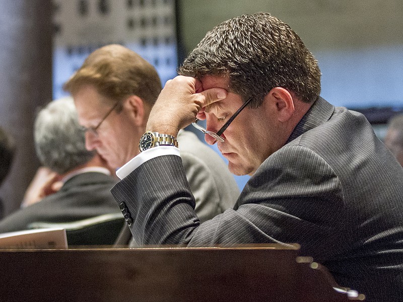 
              FILE - In this April 17, 2013, file photo, state Sen. Mark Green, R-Clarksville, sits at his desk in the Senate chamber in Nashville, Tenn. President Donald Trump is planning to nominate Green to be Army secretary after his first choice withdrew his name from consideration. The West Point graduate is a physician and the CEO of an emergency department staffing company. (AP Photo/Erik Schelzig, File)
            