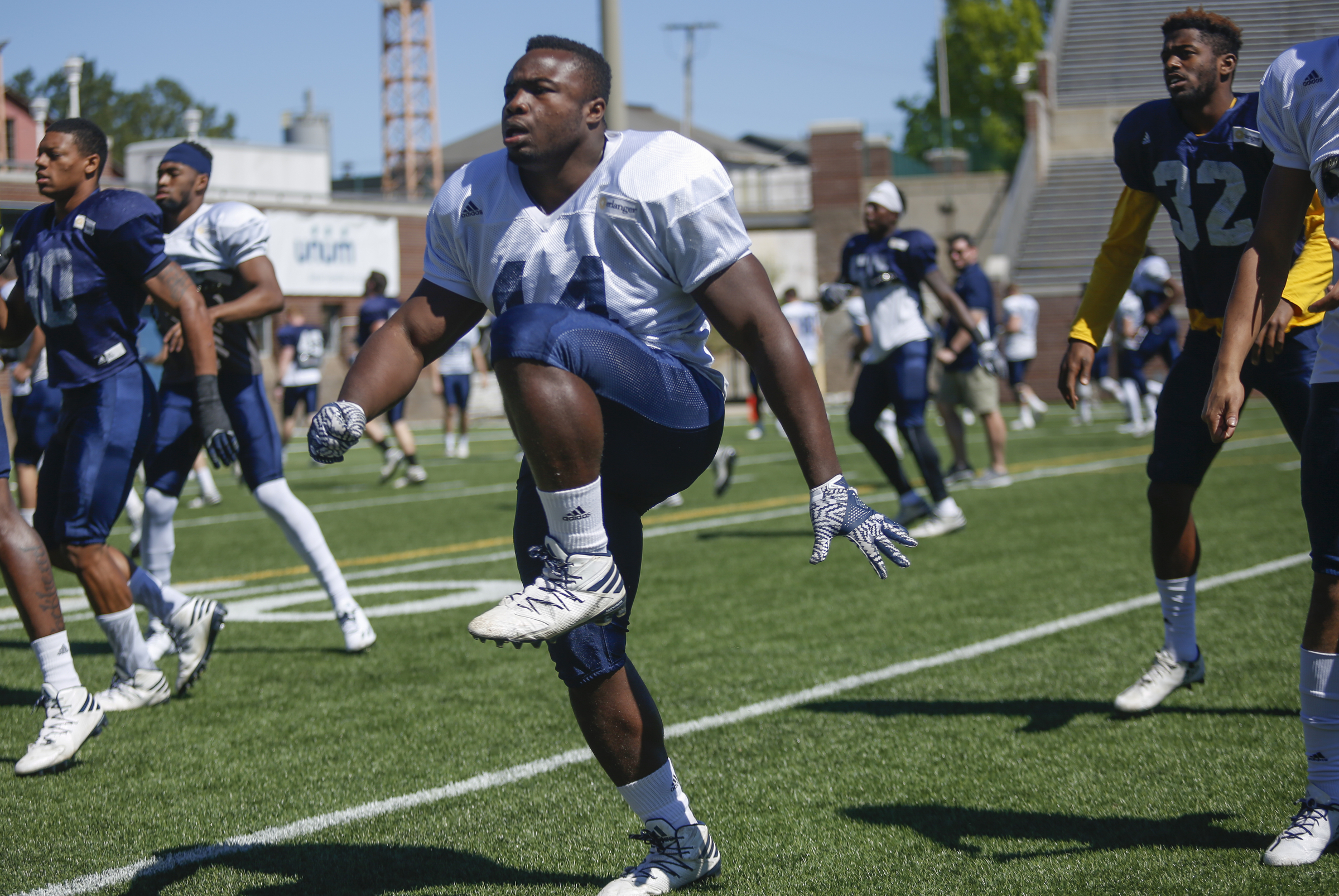 UTC fullback Torrez Finney warms up during UTC's spring football game day at Finley Stadium on Saturday, April 8, 2017, in Chattanooga, Tenn. This year's spring game was an open practice followed by a 40 minute scrimmage.