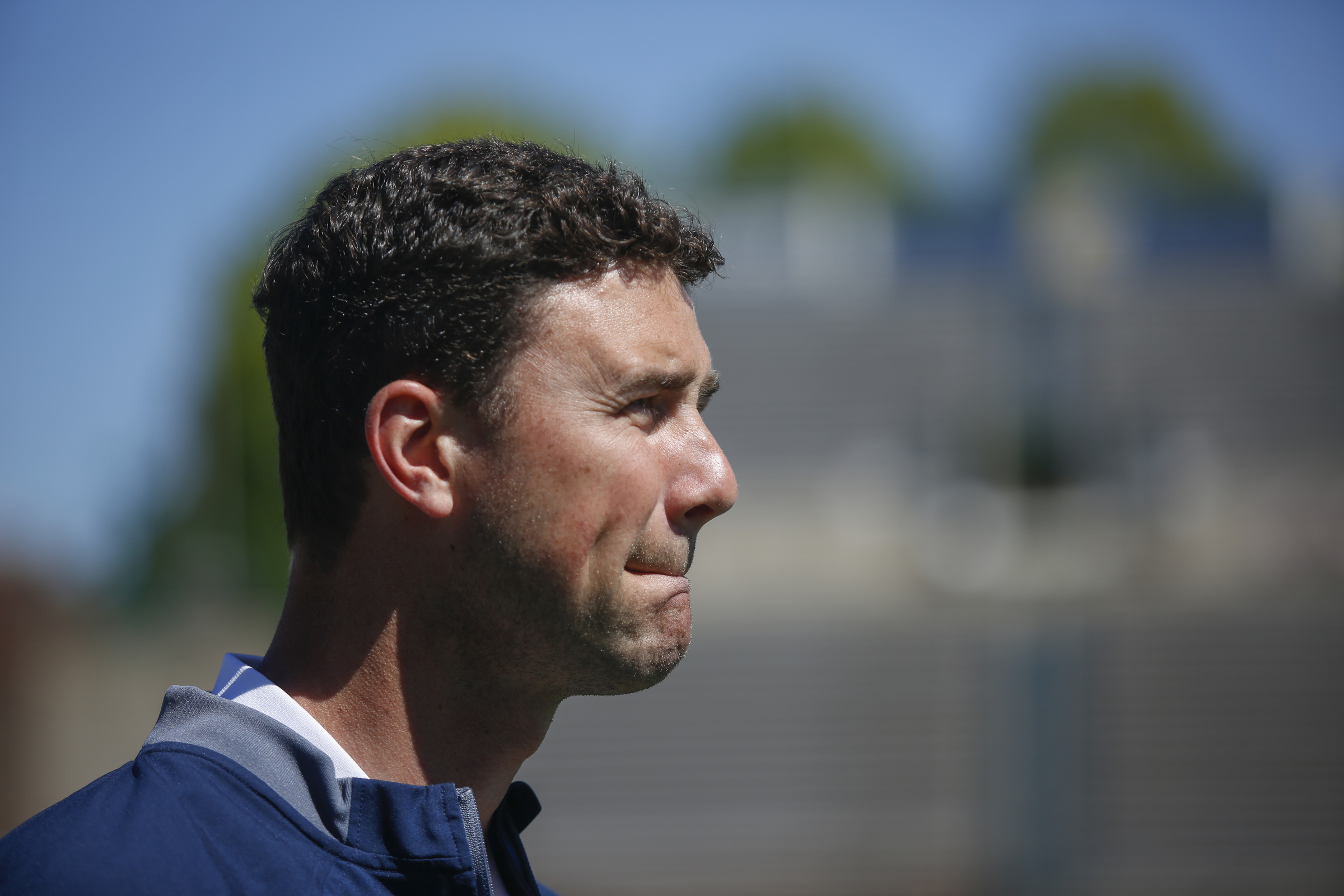 UTC head football coach Tom Arth watches players during UTC's spring football game day at Finley Stadium on Saturday, April 8, 2017, in Chattanooga, Tenn. This year's spring game was an open practice followed by a 40 minute scrimmage.