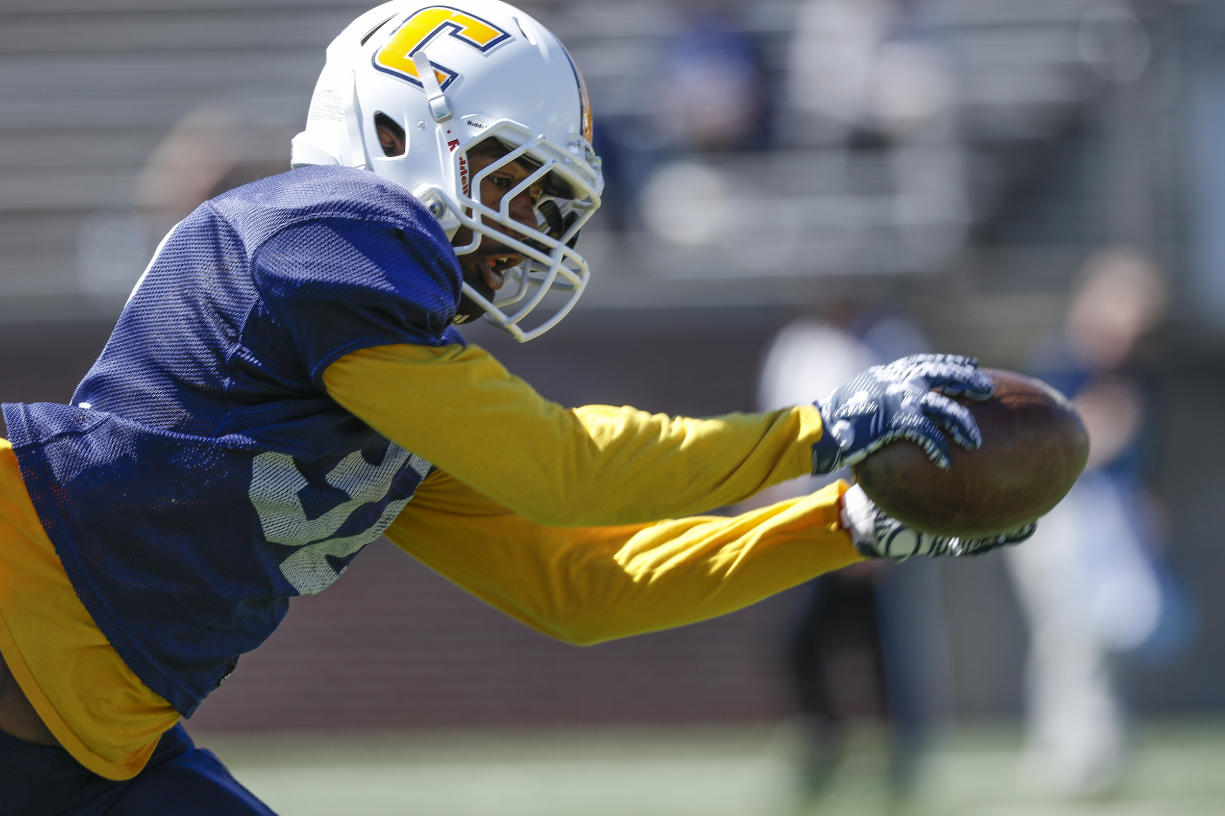 UTC defensive back Elijah Pankey catches a pass during UTC's spring football game day at Finley Stadium on Saturday, April 8, 2017, in Chattanooga, Tenn. This year's spring game was an open practice followed by a 40 minute scrimmage.