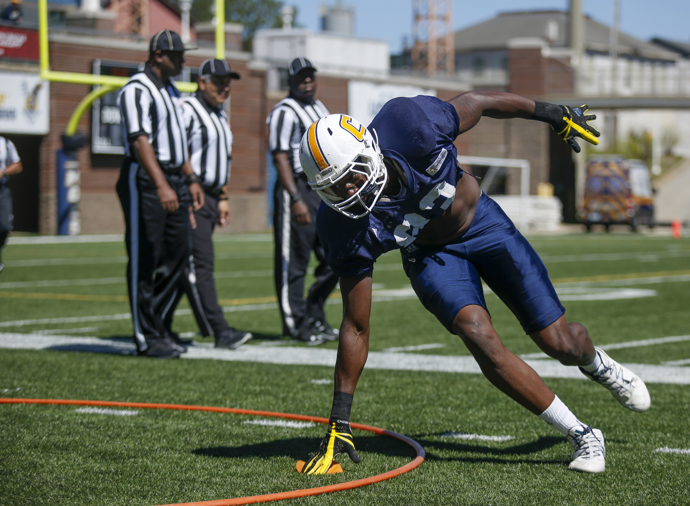 Defensive lineman Josh Phillips runs a drill during UTC's spring showcase for fans Saturday at Finley Stadium. The Mocs held an open practice at the midday event, followed by a 40-minute scrimmage.