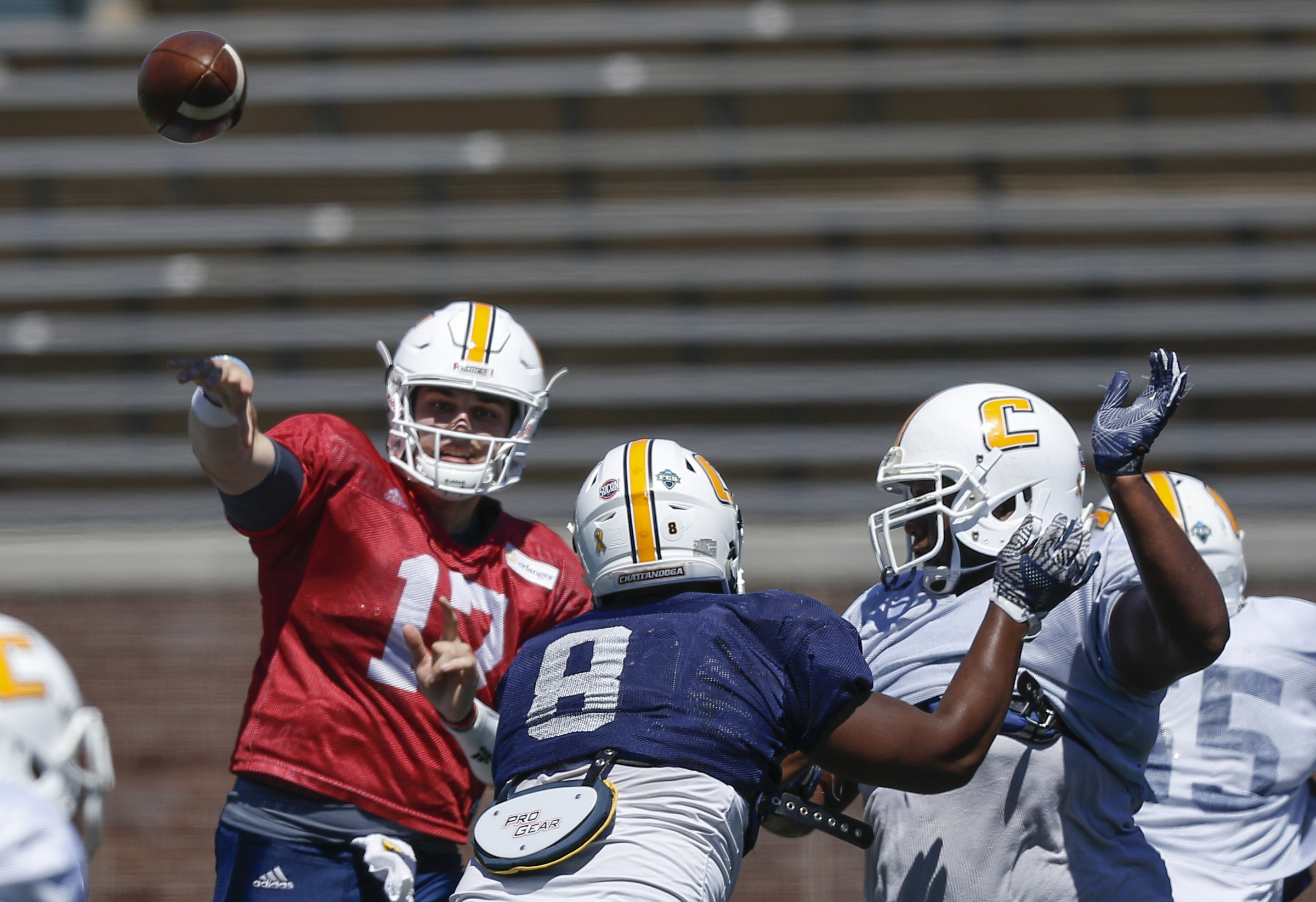 UTC quarterback Nick Tiano passes during UTC's spring football game day at Finley Stadium on Saturday, April 8, 2017, in Chattanooga, Tenn. This year's spring game was an open practice followed by a 40 minute scrimmage.