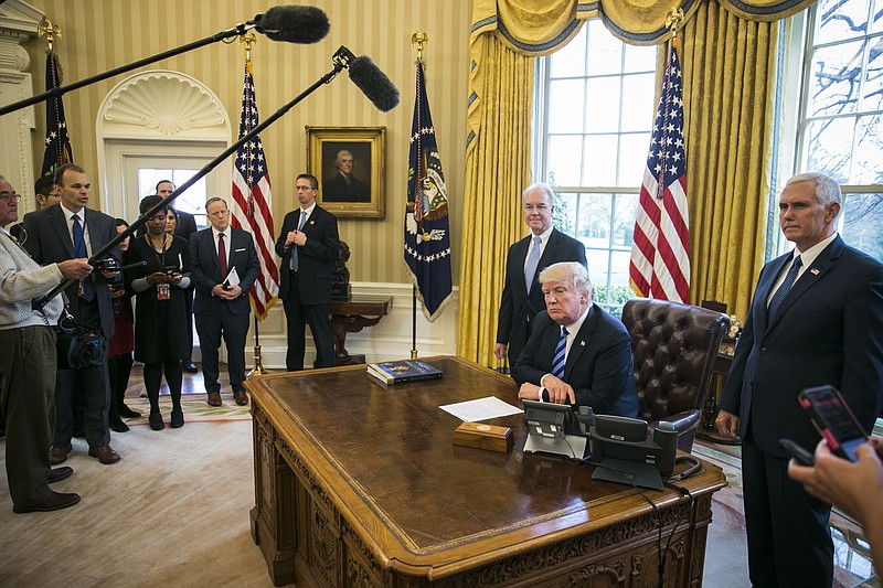 President Donald Trump speaks in the White House Oval Office last month about the U.S. House pulling its planned legislation to repeal the Affordable Care Act.