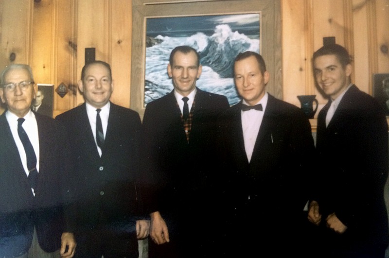 
              This 1965 photo provided by Jonathan Downing via Wentworth Institute of Technology, shows the Downings from left, Lester, Judson, Richard, Philip, and Jonathan. Wentworth Institute of Technology is presenting honorary bachelor's degrees to six members of a New Hampshire family, five of them posthumously. The Boston college said the members of the Downing family graduated with two-year degrees between 1914 and 1965. Not shown is Edward from Class of 1914. (Courtesy Jonathan Downing/Wentworth Institute of Technology via AP)
            