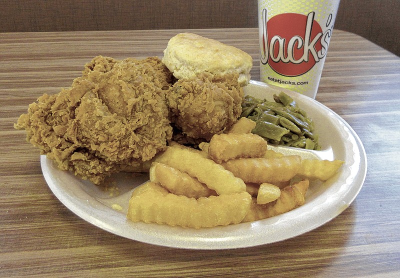 At Jack's Family Restaurant, the chicken and biscuit plate includes a breast, wing and drumstick, two sides a biscuit and a drink for a reasonable $6.79.