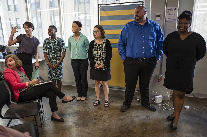 A group of Hamilton County teachers prepare to give a presentation about Digital Tools during a Teach to Lead summit at the Edney Building on Tuesday, April 11, 2017, in Chattanooga, Tenn. The U.S. Department of Education hosted the summit to discuss a Teacher Think Tank for Hamilton County Schools.