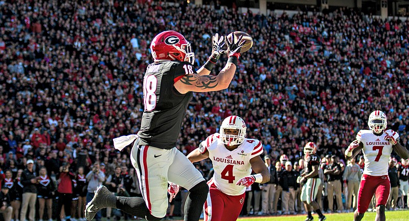Georgia tight end Isaac Nauta had 29 receptions as a freshman, including this 9-yard touchdown in the 35-21 victory over Louisiana-Lafayette.