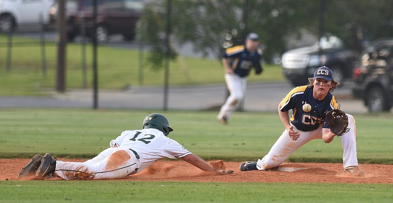 Notre Dame's Daniel Anderson slides back to second as Chattanooga Christian School's Chris King waits for the ball Tuesday, April 11, 2017 at Notre Dame High School.