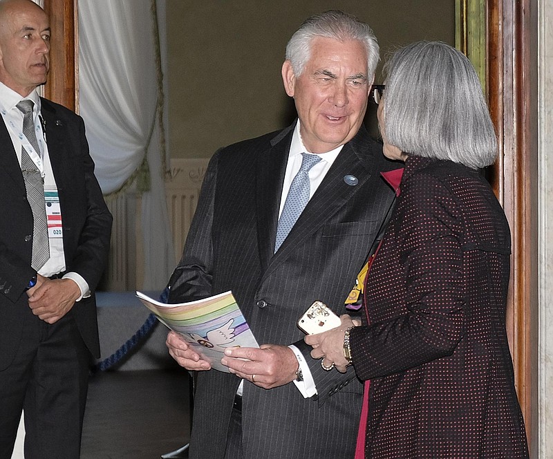 
              US Secretary of State Rex Tillerson arrives the meeting of Foreign Ministers of the G7 countries in Lucca, Italy, Monday, April 10, 2017. Foreign ministers from the Group of Seven industrialized nations are gathering in Lucca for a meeting given urgency by the chemical attack in Syria and the U.S. military response, with participants aiming to pressure Russia to end its support for President Bashar Assad. (Riccardo Dalle Luche/ANSA via AP)
            