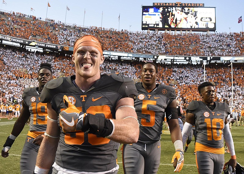 Tennessee's Colton Jumper, front, celebrates as he leaves the field after the Vols' victory over Florida last September at Neyland Stadium. Jumper was among the linebackers who gained valuable experience last season because of injuries to veteran players.