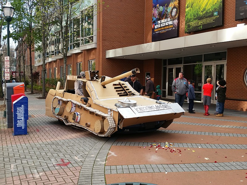 The team of volunteers, led by Danny Reyes, had enough time and materials to construct this cardboard tank, which welcomed Chattanooga Film Festivalgoers on opening night.