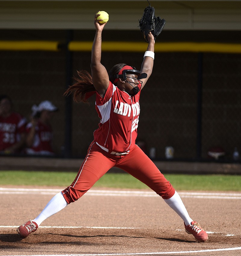 Ooltewah pitcher Kayla Boseman (25) goes into her windup.  The Ooltewah Lady Owls visited the Soddy-Daisy Lady Trojans in TSSAA softball action on April 13, 2017