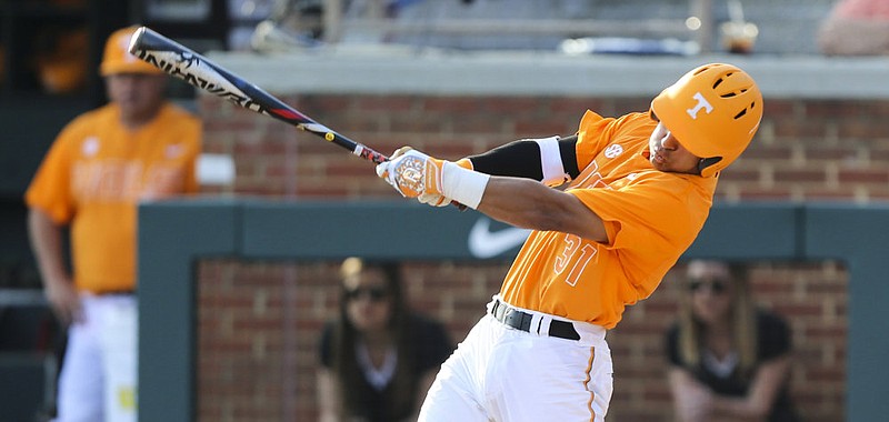 Tennessee catcher Benito Santiago takes a swing during Tennessee's win over Auburn on Friday. 
