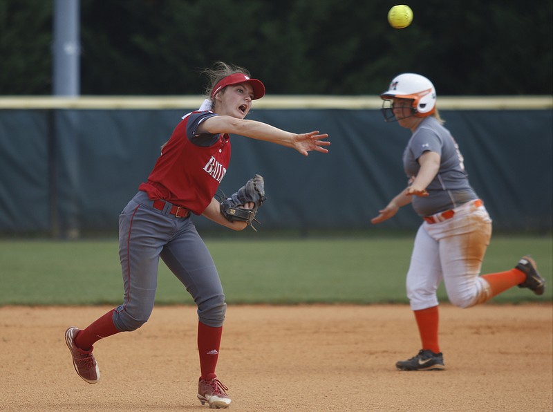 Baylor 3rd baseman Emily Rye makes the throw to 1st during their Lady Trojan Invitational softball tournament gold game against Meigs County at Warner Park on Saturday, April 15, 2017, in Chattanooga, Tenn.