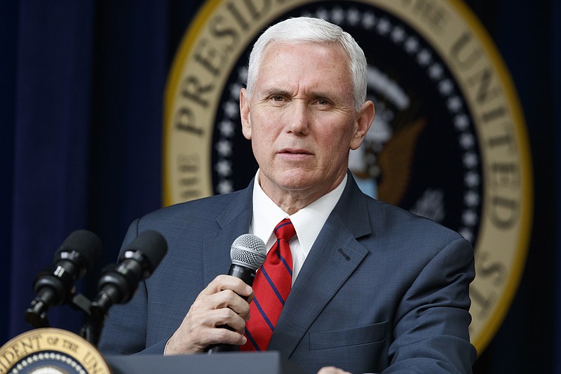 
              FILE- In this April 4, 2017, file photo, Vice President Mike Pence speaks during a town hall with business leaders in the South Court Auditorium on the White House complex in Washington. Pence is set to arrive Sunday, April 16, in South Korea as President Donald Trump vows that North Korea Kim Jong Un's government is a "problem" that will be "taken care of." (AP Photo/Evan Vucci, File)
            