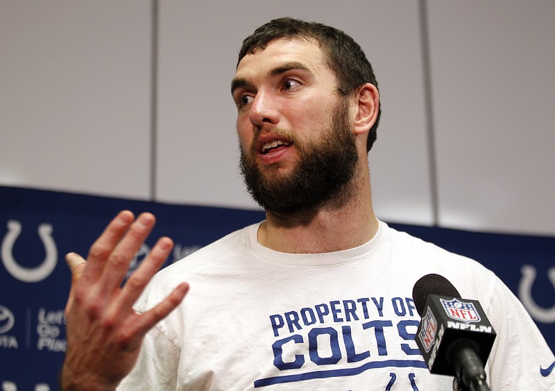 
              FILE - In this Dec. 18, 2016, file photo, Indianapolis Colts quarterback Andrew Luck speaks to the media following an NFL football game against the Minnesota Vikings, in Minneapolis. Luck isn’t sure when he’ll start throwing again and won’t set a timetable for his return from shoulder surgery. Players and coaches held their first official team activities Monday, April 17, 2017,  at the team complex, and for the first time Luck acknowledged that his injury problems began during a Week 3 contest at Tennessee in 2015.(AP Photo/Andy Clayton-King, File)
            