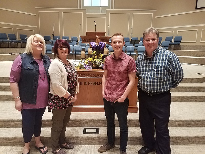 From left are Angela Farley, Hixson First Baptist's finance manager; Kim Holcomb, administrative assistant; Hunter Williams, student minister; and Pastor Steven Granger. The church staff helped Granger develop his idea for a comprehensive "hope conference" through prayer and brainstorming. (Staff photo by Shane Foley)